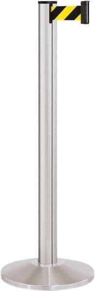 Lavi Industries - 40" High, 2-3/4" Pole Diam, Stanchion - 14" Base Diam, Dome Cast Iron Base, Satin Chrome (Color) Aluminum Post, 7' x 2" Tape, Single Line Tape - Caliber Tooling