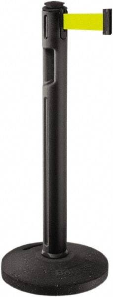 Lavi Industries - 38-1/4" High, 3-1/4" Pole Diam, Stanchion - 16" Base Diam, Dome Recycled Rubber Base, Black Plastic Post, 12' x 2" Tape, Single Line Tape, For Outdoor Use - Caliber Tooling