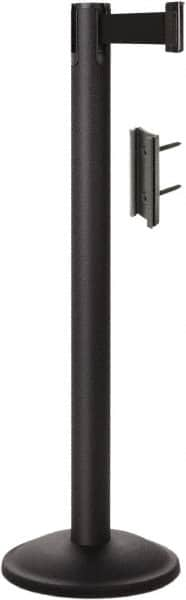 Lavi Industries - 38-1/2" High, 2-3/4" Pole Diam, Stanchion - 12-1/2" Base Diam, Round Steel Base, Black Steel Post, 7' x 2" Tape, Single Line Tape - Caliber Tooling