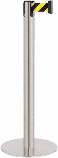 Lavi Industries - 40" High, 2-3/4" Pole Diam, Stanchion - 14-1/2" Base Diam, Flat Cast Iron Base, Satin Chrome (Color) Steel Post, 7' x 2" Tape, Single Line Tape - Caliber Tooling