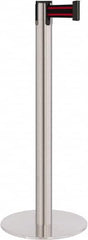 Lavi Industries - 40" High, 2-3/4" Pole Diam, Stanchion - 14-1/2" Base Diam, Flat Cast Iron Base, Satin Chrome (Color) Steel Post, 7' x 2" Tape, Single Line Tape - Caliber Tooling