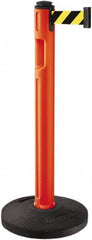 Lavi Industries - 38-1/4" High, 3-1/4" Pole Diam, Stanchion - 16" Base Diam, Dome Recycled Rubber Base, Orange Plastic Post, 12' x 2" Tape, Single Line Tape, For Outdoor Use - Caliber Tooling