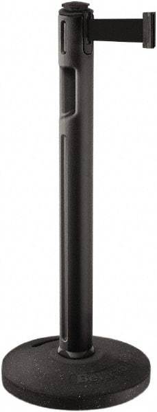 Lavi Industries - 38-1/4" High, 3-1/4" Pole Diam, Stanchion - 16" Base Diam, Dome Recycled Rubber Base, Black Plastic Post, 12' x 2" Tape, Single Line Tape, For Outdoor Use - Caliber Tooling