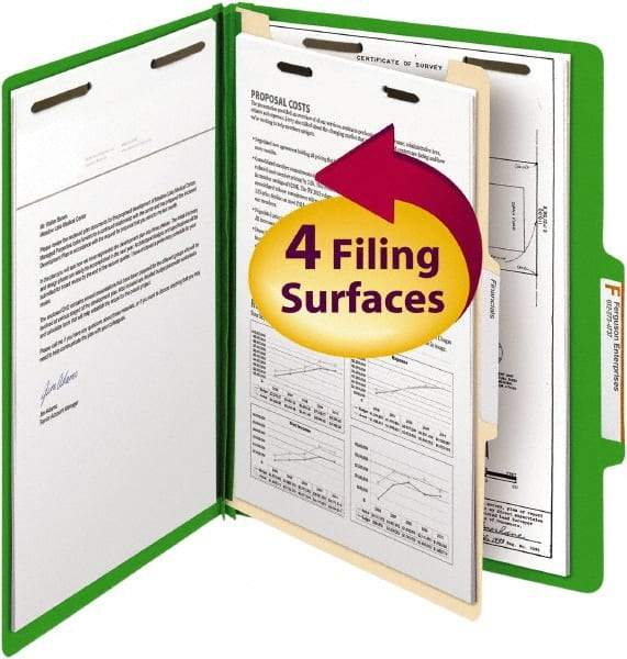 SMEAD - 8-1/2 x 11", Letter Size, Green, Classification Folders with Top Tab Fastener - 14 Point Stock, Right of Center Tab Cut Location - Caliber Tooling