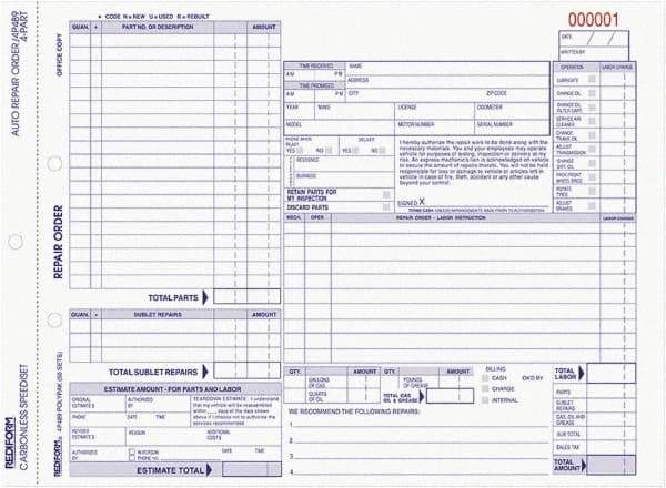 REDIFORM - 50 Sheet, 8-1/2 x 11", Auto Repair Form - White & Blue - Caliber Tooling