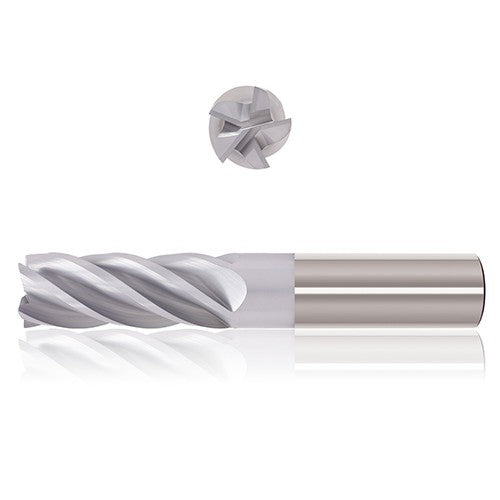 ‎1-1/4″ Dia. × 1-1/4″ Shank × 2″ DOC × 4-1/2″ OAL, Exxtral Silver, 5 Flute, 35° Helix, Straight, External, Bullnose, Solid End Mill