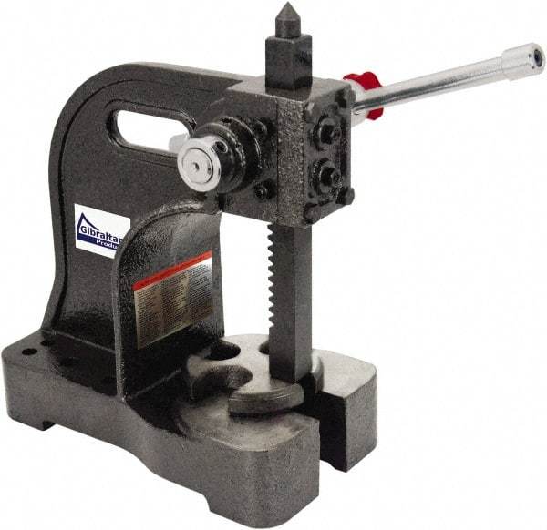 Gibraltar - 1-1/2" Ram, 5-1/4" Throat Depth, 3 Ton Manual Arbor Press - 12-1/2" Max Work Height x 16-1/2" Max Work Width, Single Leverage, 20:1 Leverage Ratio, 8-1/2" Base Width x 10" Base Depth - Caliber Tooling