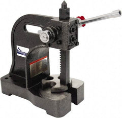 Gibraltar - 1-1/2" Ram, 5-1/4" Throat Depth, 3 Ton Manual Arbor Press - 12-1/2" Max Work Height x 16-1/2" Max Work Width, Single Leverage, 20:1 Leverage Ratio, 8-1/2" Base Width x 10" Base Depth - Caliber Tooling