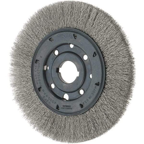 Osborn - 8" OD, 1-1/4" Arbor Hole, Crimped Stainless Steel Wheel Brush - 3/4" Face Width, 1-1/2" Trim Length, 0.01" Filament Diam, 4,500 RPM - Caliber Tooling