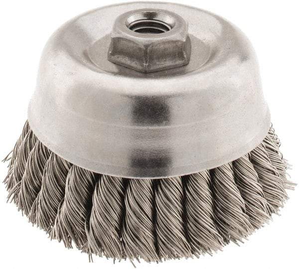 Osborn - 4" Diam, 5/8-11 Threaded Arbor, Stainless Steel Fill Cup Brush - 0.02 Wire Diam, 1-1/4" Trim Length, 6,000 Max RPM - Caliber Tooling