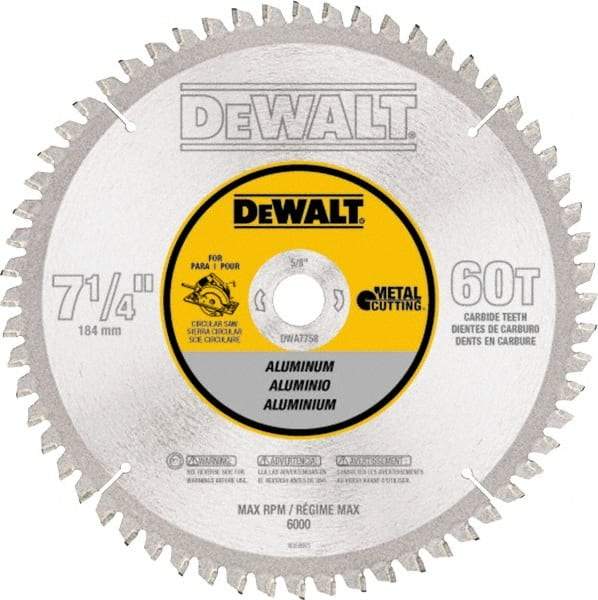 DeWALT - 7-1/4" Diam, 5/8" Arbor Hole Diam, 60 Tooth Wet & Dry Cut Saw Blade - High Speed Steel, Crosscut Action, Standard Round Arbor - Caliber Tooling