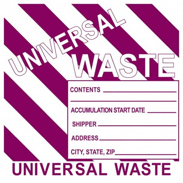 NMC - Universal Label - Legend: Universal Waste Contents______ Accumulation Start Date_____ Shipper_____ Address____ City, State, Zip____, English, Purple, 6" Long x 6" High, Sign Muscle Finish - Caliber Tooling