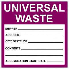 NMC - Universal Label - Legend: Universal Waste - Shipper__________ Address____ City,State,Zip____ Contents________ Accumulation Start Date ______, English, Purple & Black, 6" Long x 6" High, Sign Muscle Finish - Caliber Tooling