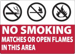 NMC - "No Smoking Matches or Open Flames in This Area", 7" Long x 10" Wide, Aluminum Safety Sign - Rectangle, 0.04" Thick, Use for Smoking Regulations - Caliber Tooling