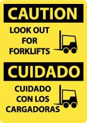 NMC - "Caution - Look Out for Forklifts", 14" Long x 10" Wide, Pressure-Sensitive Vinyl Safety Sign - Rectangle, 0.004" Thick, Use for Accident Prevention - Caliber Tooling