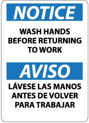 NMC - "Notice - Wash Hands Before Returning to Work", 14" Long x 10" Wide, Rigid Plastic Safety Sign - Rectangle, 0.05" Thick, Use for Restroom, Janitorial & Housekeeping - Caliber Tooling