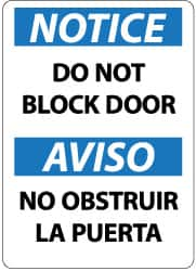 NMC - "Notice - Do Not Block Door", 14" Long x 10" Wide, Rigid Plastic Safety Sign - Rectangle, 0.05" Thick, Use for Accident Prevention - Caliber Tooling