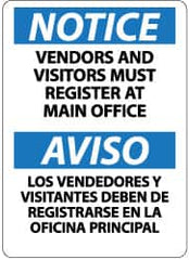 NMC - "Notice - Vendors and Visitors Must Register at Main Office", 14" Long x 10" Wide, Pressure-Sensitive Vinyl Safety Sign - Rectangle, 0.004" Thick, Use for Security & Admittance - Caliber Tooling