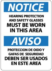 NMC - "Notice - Hearing Protection and Safety Glasses Must Be Worn in This Area", 14" Long x 10" Wide, Pressure-Sensitive Vinyl Safety Sign - Rectangle, 0.004" Thick, Use for Accident Prevention - Caliber Tooling