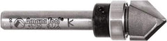 Amana Tool - 1/2" Cut Diam, 1/2" Length of Cut, 2 Flute V-Groove Edge Profile Router Bit - Carbide-Tipped, 1/4" Shank Diam, 2" OAL, Uncoated - Caliber Tooling