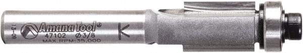 Amana Tool - 3/8" Cut Diam, 1/2" Length of Cut, 2 Flute Flush Trim Edge Profile Router Bit - Carbide-Tipped, 1/4" Shank Diam, 2-1/8" OAL, Uncoated - Caliber Tooling