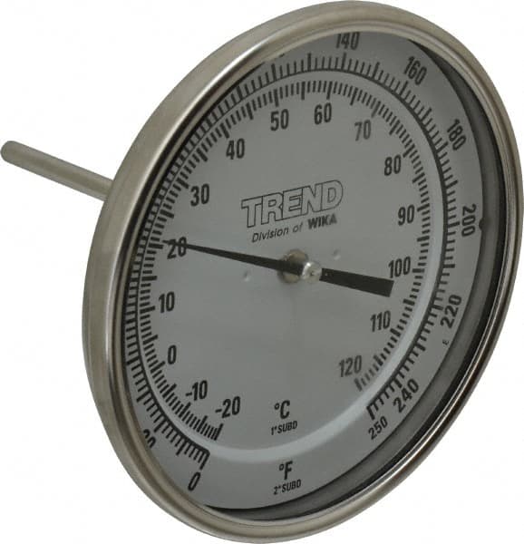 Wika - 4 Inch Long Stem, 5 Inch Dial Diameter, Stainless Steel, Back Connected Bi-Metal Thermometer - -20 to 120°C, 1% Accuracy - Caliber Tooling