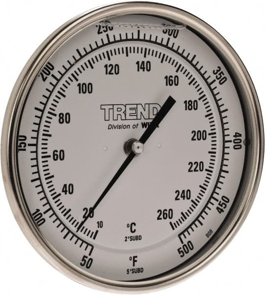 Wika - 4 Inch Long Stem, 5 Inch Dial Diameter, Stainless Steel, Back Connected Bi-Metal Thermometer - 10 to 260°C, 1% Accuracy - Caliber Tooling