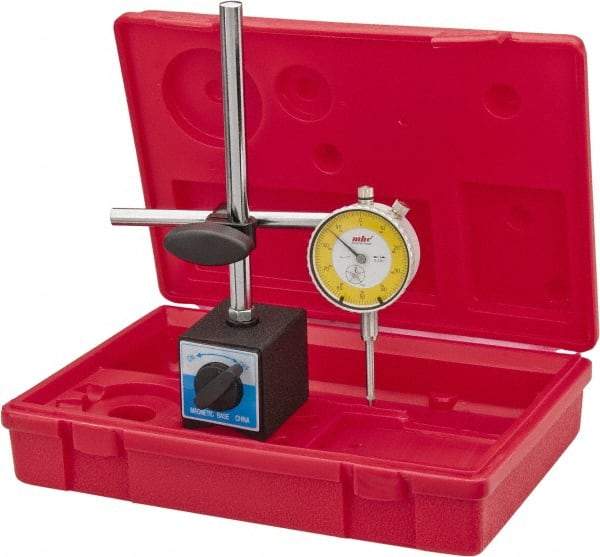 Value Collection - 0.001" Graduation, 0-100 Dial Reading, Dial Indicator & Base Kit - 55mm Base Length x 50mm Base Width x 63mm Base Height, 2-9/32" Dial Diam - Caliber Tooling