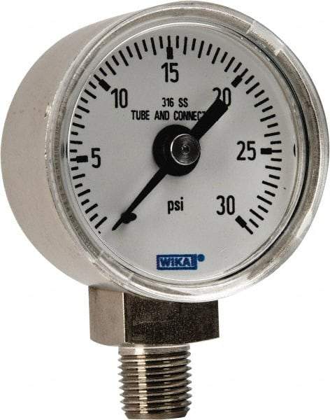 Wika - 1-1/2" Dial, 1/8 Thread, 0-30 Scale Range, Pressure Gauge - Lower Connection Mount, Accurate to 2.5% of Scale - Caliber Tooling