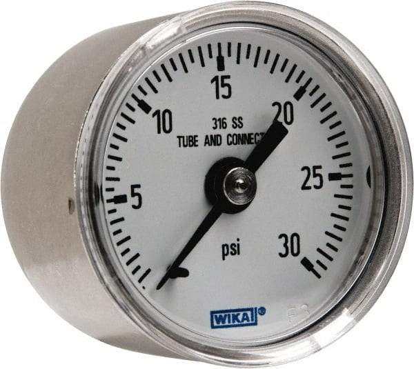 Wika - 1-1/2" Dial, 1/8 Thread, 0-30 Scale Range, Pressure Gauge - Center Back Connection Mount, Accurate to 2.5% of Scale - Caliber Tooling