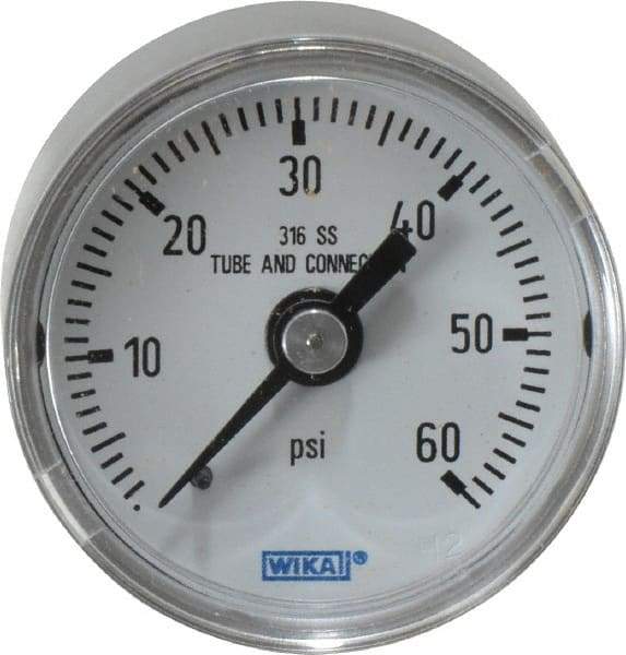 Wika - 1-1/2" Dial, 1/8 Thread, 0-60 Scale Range, Pressure Gauge - Center Back Connection Mount, Accurate to 2.5% of Scale - Caliber Tooling