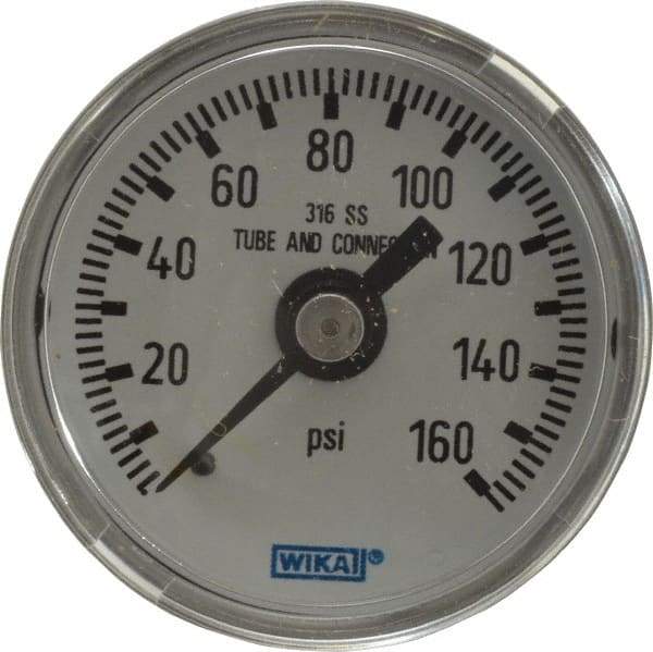 Wika - 1-1/2" Dial, 1/8 Thread, 0-160 Scale Range, Pressure Gauge - Center Back Connection Mount, Accurate to 2.5% of Scale - Caliber Tooling