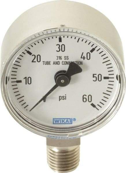 Wika - 2" Dial, 1/4 Thread, 0-60 Scale Range, Pressure Gauge - Lower Connection Mount, Accurate to 2.5% of Scale - Caliber Tooling