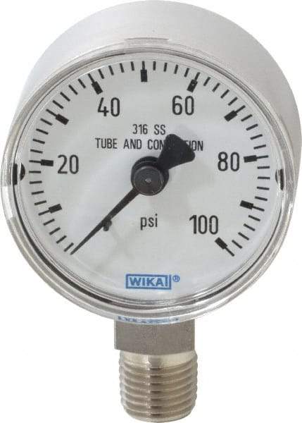 Wika - 2" Dial, 1/4 Thread, 0-100 Scale Range, Pressure Gauge - Lower Connection Mount, Accurate to 2.5% of Scale - Caliber Tooling