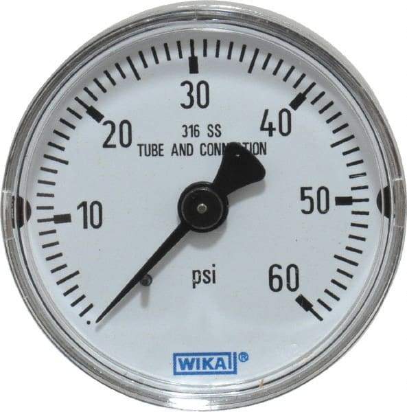 Wika - 2" Dial, 1/4 Thread, 0-60 Scale Range, Pressure Gauge - Center Back Connection Mount, Accurate to 2.5% of Scale - Caliber Tooling