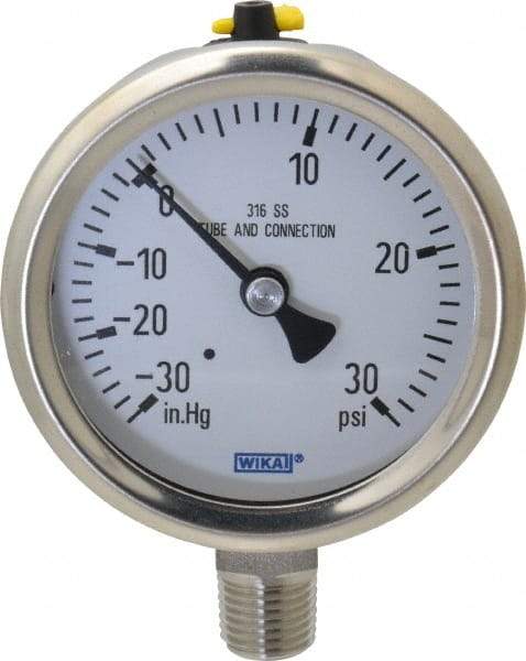 Wika - 2-1/2" Dial, 1/4 Thread, 30-0-30 Scale Range, Pressure Gauge - Lower Connection Mount, Accurate to 1.5% of Scale - Caliber Tooling