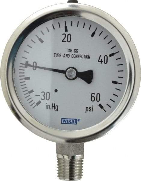 Wika - 2-1/2" Dial, 1/4 Thread, 30-0-60 Scale Range, Pressure Gauge - Lower Connection Mount, Accurate to 1.5% of Scale - Caliber Tooling