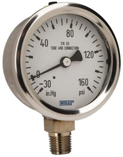 Wika - 2-1/2" Dial, 1/4 Thread, 30-0-160 Scale Range, Pressure Gauge - Lower Connection Mount, Accurate to 1.5% of Scale - Caliber Tooling