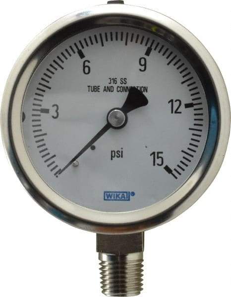 Wika - 2-1/2" Dial, 1/4 Thread, 0-15 Scale Range, Pressure Gauge - Lower Connection Mount, Accurate to 1.5% of Scale - Caliber Tooling