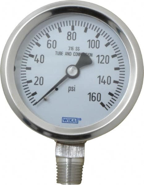 Wika - 2-1/2" Dial, 1/4 Thread, 0-160 Scale Range, Pressure Gauge - Lower Connection Mount, Accurate to 1.5% of Scale - Caliber Tooling