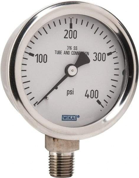 Wika - 2-1/2" Dial, 1/4 Thread, 0-400 Scale Range, Pressure Gauge - Lower Connection Mount, Accurate to 1.5% of Scale - Caliber Tooling