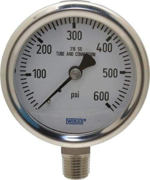 Wika - 2-1/2" Dial, 1/4 Thread, 0-600 Scale Range, Pressure Gauge - Lower Connection Mount, Accurate to 1.5% of Scale - Caliber Tooling