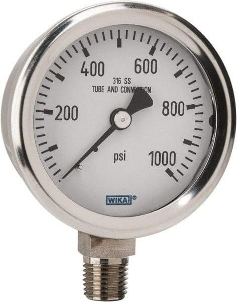 Wika - 2-1/2" Dial, 1/4 Thread, 0-1,000 Scale Range, Pressure Gauge - Lower Connection Mount, Accurate to 1.5% of Scale - Caliber Tooling