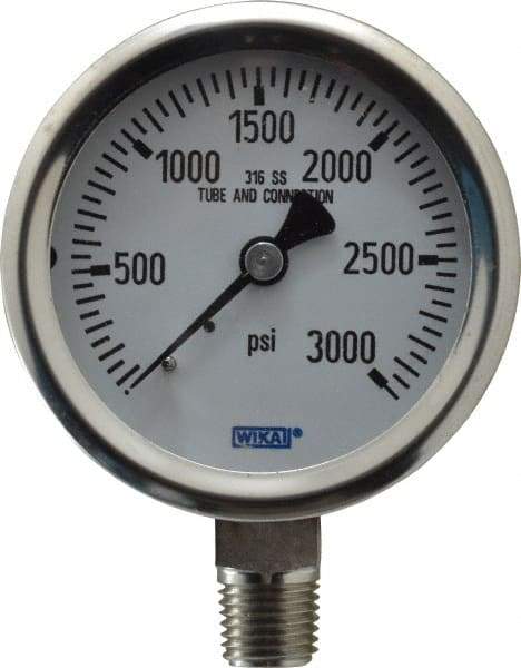 Wika - 2-1/2" Dial, 1/4 Thread, 0-3,000 Scale Range, Pressure Gauge - Lower Connection Mount, Accurate to 1.5% of Scale - Caliber Tooling