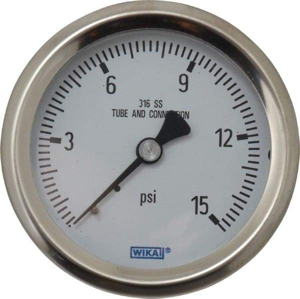 Wika - 2-1/2" Dial, 1/4 Thread, 0-15 Scale Range, Pressure Gauge - Center Back Connection Mount, Accurate to 1.5% of Scale - Caliber Tooling