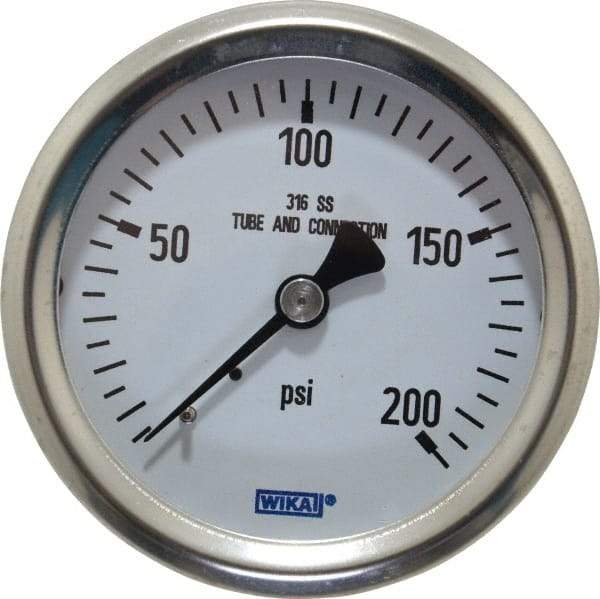 Wika - 2-1/2" Dial, 1/4 Thread, 0-200 Scale Range, Pressure Gauge - Center Back Connection Mount, Accurate to 1.5% of Scale - Caliber Tooling