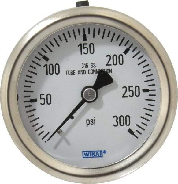 Wika - 2-1/2" Dial, 1/4 Thread, 0-300 Scale Range, Pressure Gauge - Center Back Connection Mount, Accurate to 1.5% of Scale - Caliber Tooling