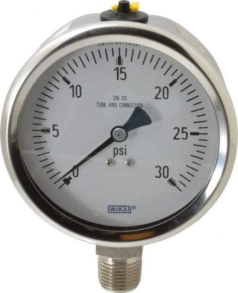 Wika - 4" Dial, 1/2 Thread, 0-30 Scale Range, Pressure Gauge - Lower Connection Mount, Accurate to 1% of Scale - Caliber Tooling