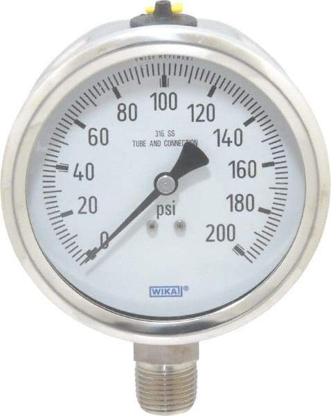 Wika - 4" Dial, 1/2 Thread, 0-200 Scale Range, Pressure Gauge - Lower Connection Mount, Accurate to 1% of Scale - Caliber Tooling