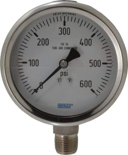 Wika - 4" Dial, 1/2 Thread, 0-600 Scale Range, Pressure Gauge - Lower Connection Mount, Accurate to 1% of Scale - Caliber Tooling